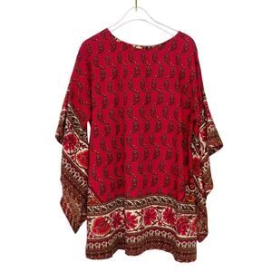 Vintage Red Cranberry Retro Paisley Flowy Tissue Blouse Bell Sleeves Small